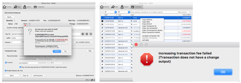 Bitcoin Core increase transaction fee failure
screenshots
