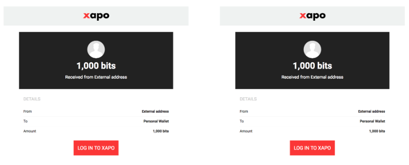 Xapo emails showing incoming transactions
screenshot